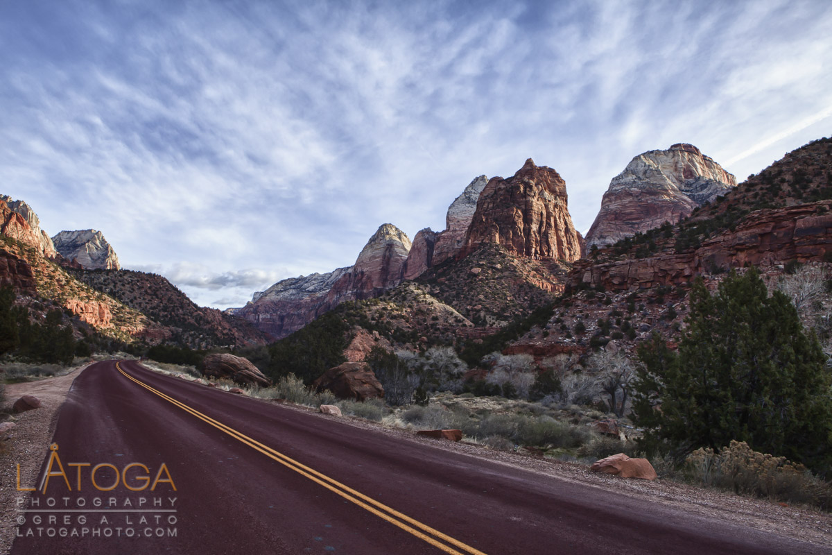 Sunsets on The Sentinel and The East Temple as seen from the entrance to Zion Canyon in winter at Zion National Park, Utah.